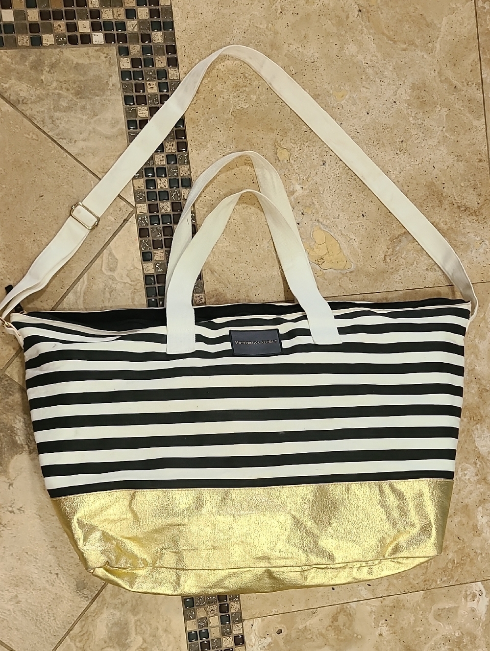 Victoria's Secret Black & White Striped Tote with Gold Bottom